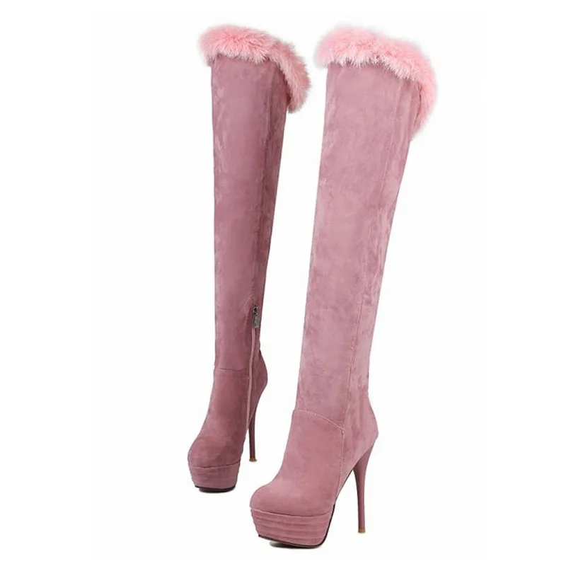 KemeKiss/женские сапоги на платформе и высоком каблуке сапоги выше колена на молнии теплая обувь на меху с круглым носком Женская офисная обувь, размер 33-43 - Цвет: Розовый