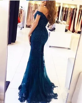

Sexy Evening Dresses Off Shoulder Dark Red Burgundy Hunter Lace Appliques Beaded Mermaid Long Open Back Prom Dress
