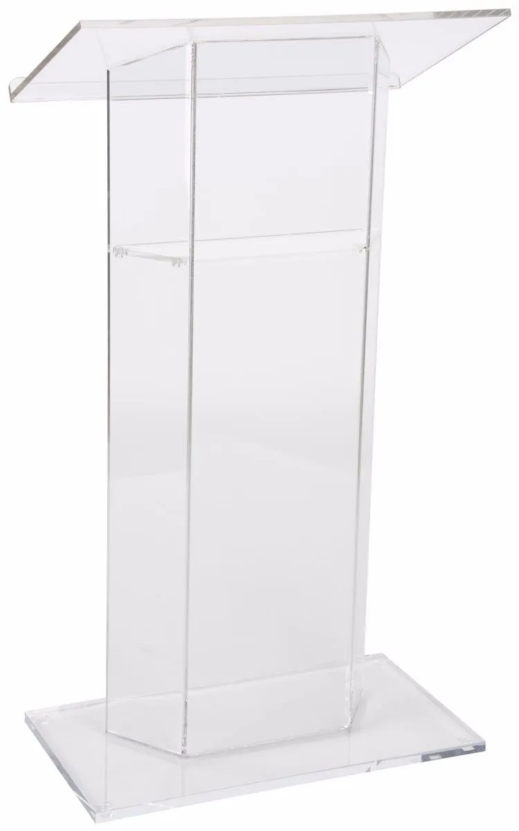 Clear Church Pulpit Lectern, Thick Acrylic, No Assembly, Inner Shelf, Pedestal Base (LECTCV) -