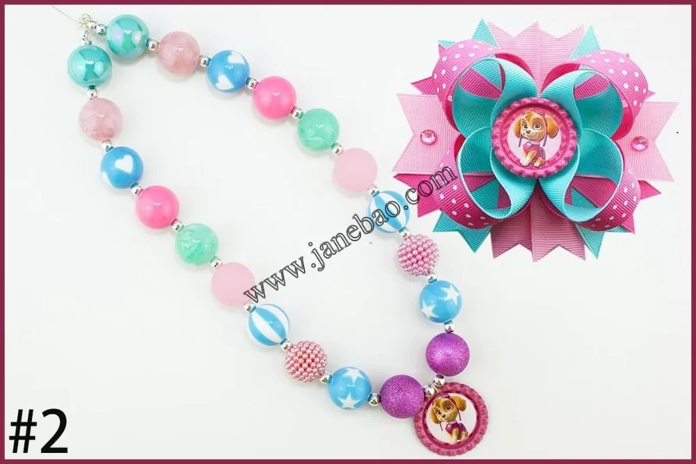 

free shipping 30set Cartoon princess chunky bubblegum kids necklace and character hair bows 4.5'' girl hair clips