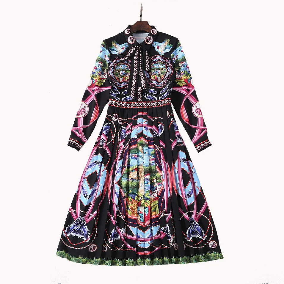 

2019 Long sleeve classic printed pleated dress 190218YZ01
