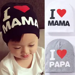 2018 новые зимние детские шапочки трикотажные теплый хлопок малышей шапочка для маленьких девочек мальчиков I LOVE PAPA MAMA» с принтом Кепки для