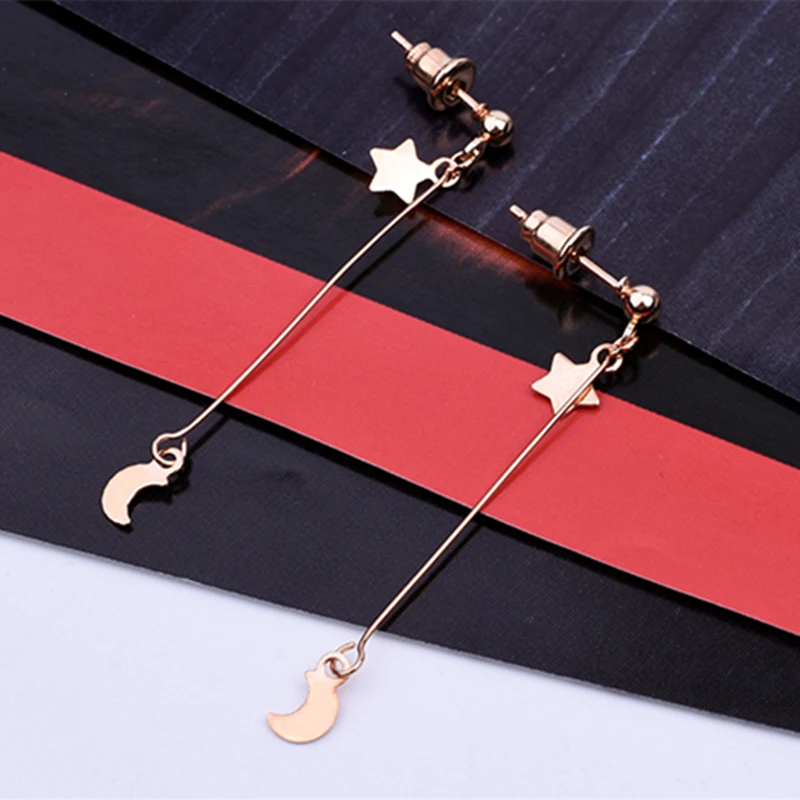 

E0337 Fashion Gold Color Long Chain Tassel Hanging Earrings Moon Star Shape Statement Drop Earrings For Women High Quality Gift