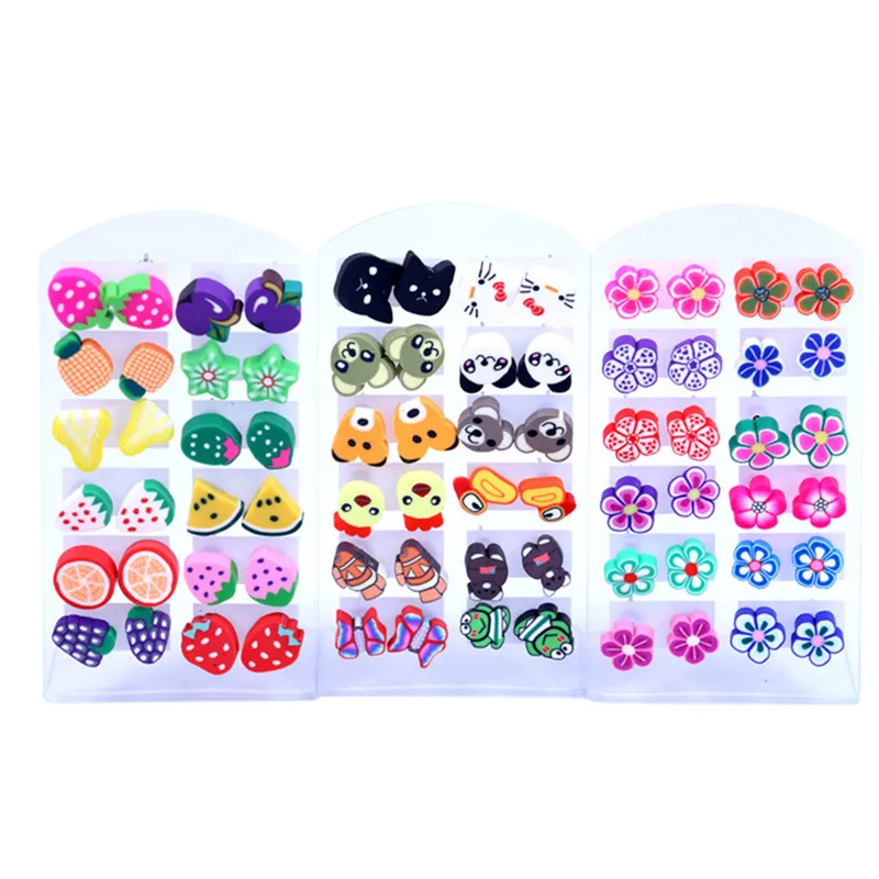 

12 Pairs Mixed Styles Fruits Earrings Handmade Fimo Polymer Clay Baby Girls Children Birthday Gift