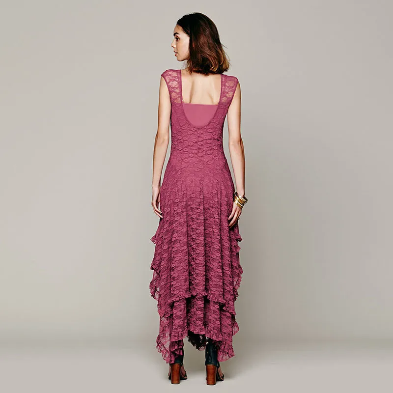 Ahmagen Sexy Irregular Lace Dress Women Hollow Out Elegant Party Dresses Backless Pleated Long Maxi Skater Dress Summer Beach Wear 201708