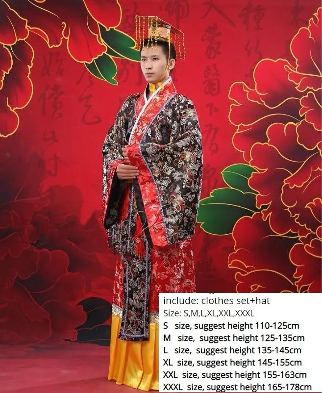 Детский костюм для взрослых, китайский костюм ханьфу, Мужская одежда для мальчиков, костюм императора, костюм танга, детский халат+ шапка, комплект TL451 - Цвет: Черный