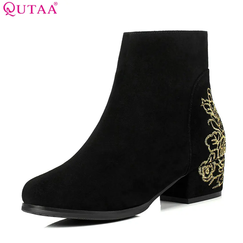 

QUTAA 2018 Women Ankle Boots Fashion Zipper All Match Square High Heel Round Toe Cow Suede Westrn Style Women Boots Size 34-40