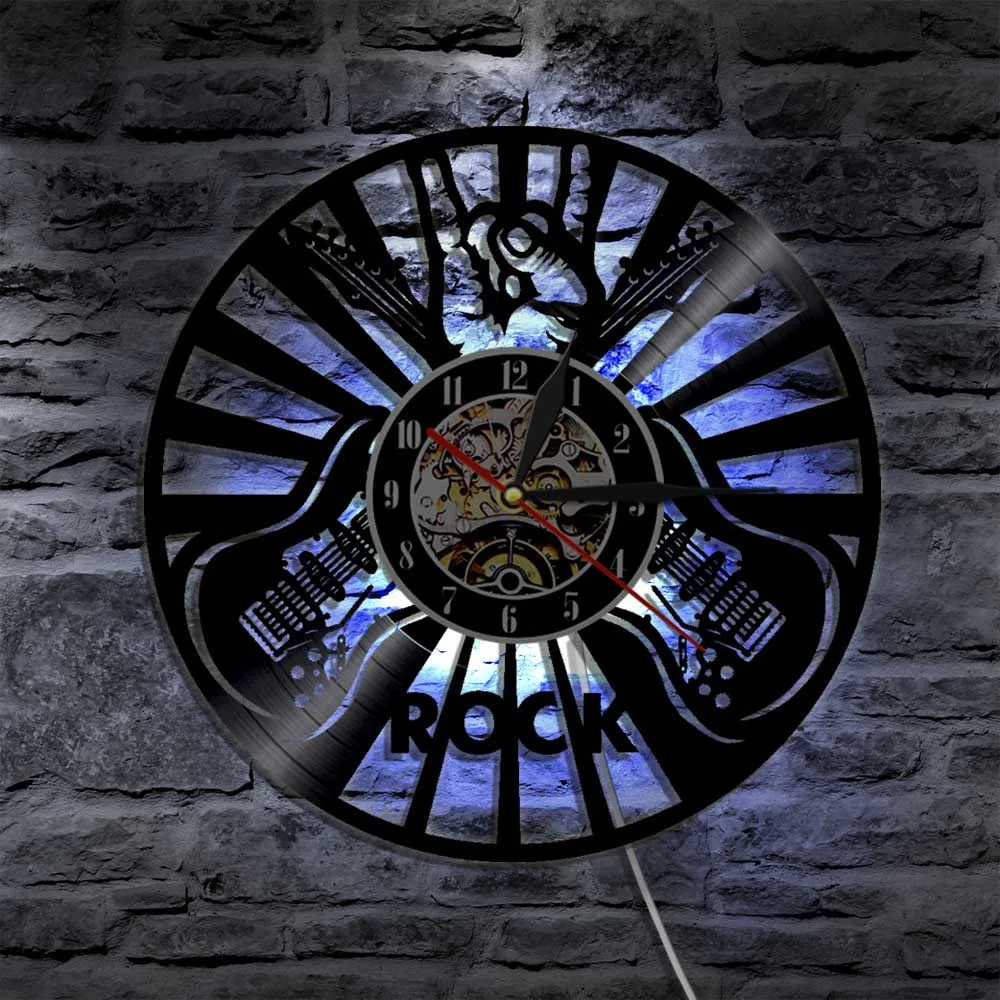 Beli Musik Rock Bermain Jam Dinding Modern Desain Vinyl Record Jam Dinding Bisu Kreatif LED Backlight Menonton Quartz Mekanisme Home Decor