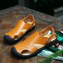 Летняя мужская обувь; новые кожаные сандалии в деловом стиле; натуральная яловая кожа; сандалии; дышащие повседневные мужские сандалии