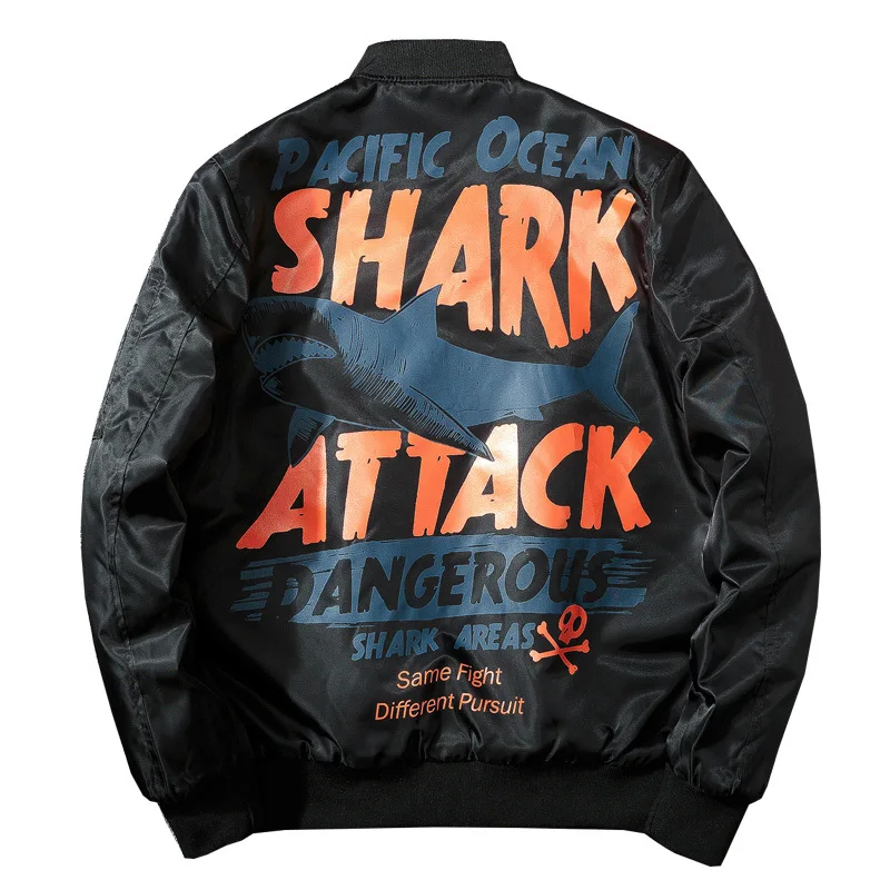 Winter Bomber Pilot Jacket Men Streetwear Anime Shark Print Baseball Jacket Women Hip Hop Couple Coat Fashion Hipster Autumn