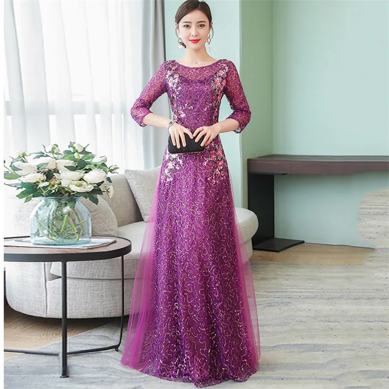 

Women's Dress 2019 Spring New Banquet Noble And Elegant Temperament Long Solid Color Large Size Dress Feminina Dress LD1013
