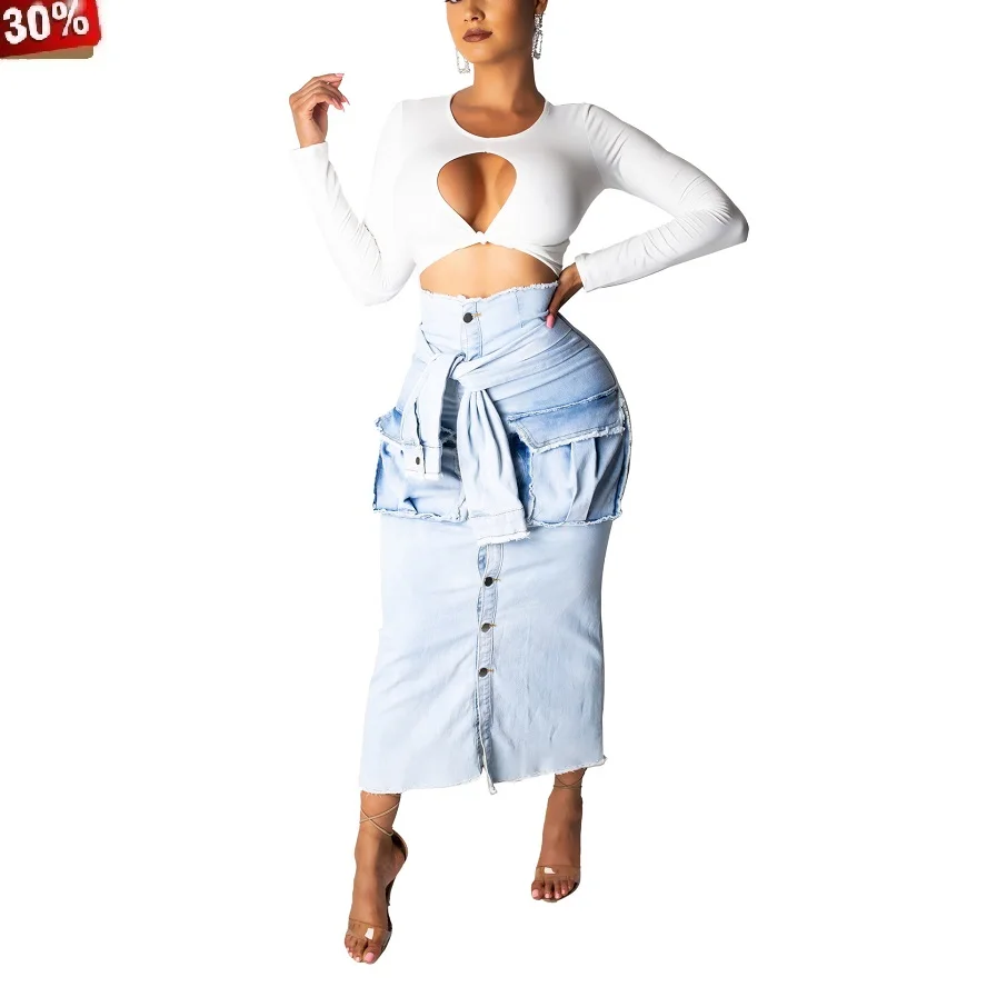 

Women Sexy Denim Long Skirts Fashion Pocket Lady Midi Skirt High Waist Badycon Button Skirt 2019 Vintage Work Skirts Female