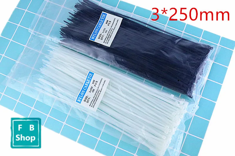 

100pcs 3*250mm Self locking nylon cable tie plastic band tie band black and white nylon tie
