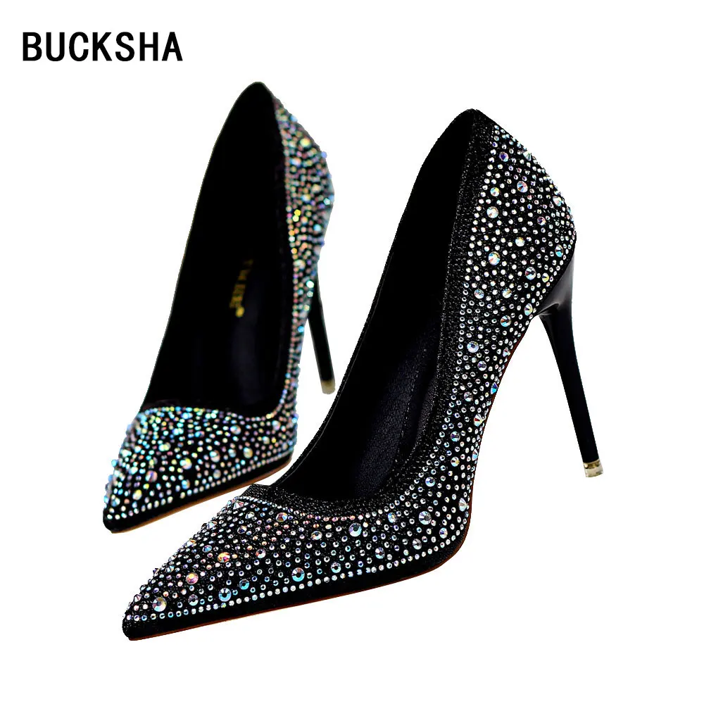 2019 New High Heels for Women Crystal Pointed Toe Black Pumps  Ladies Stiletto Heels Shoes Woman Wedding Shoes