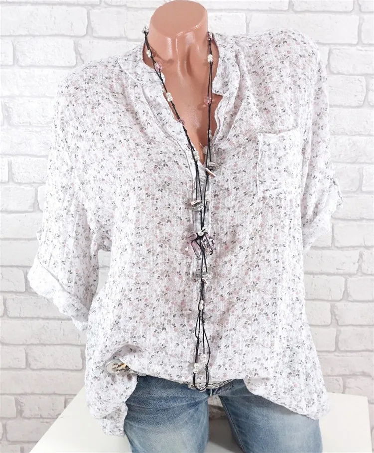 Large size Ladies Blouse spring and summer new V-neck long sleeve shirt printed loose casual Women's shirt thin section - Цвет: Белый