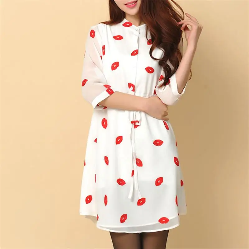 Slim Red Lips Lace Chiffon Embroidered Dress Women's Dresses Japan Kawaii Ulzzang Female Cute Korean Harajuku Dresses For Women