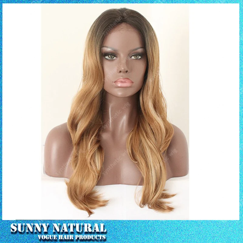 

Sunny Natural ombre color black brown blond long wavy synthetic lace front wig heat resistant fiber hair wigs with middle part