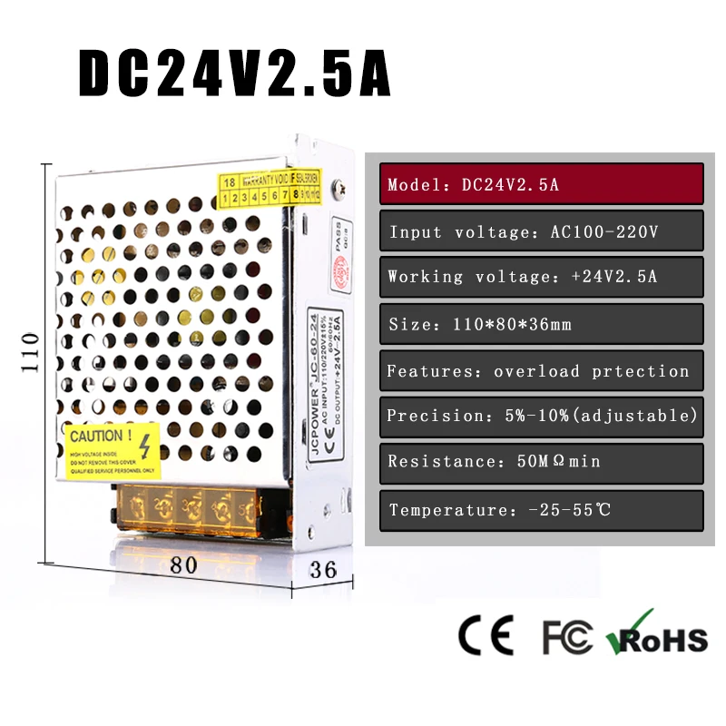 JC Мощность AC110V 220 V постоянного тока до DC24V 2.5A Напряжение светодиодный Питание для светодиодный полосы светодиодный управления Светодиодный выключатель светодиодный дисплей