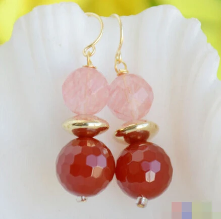 

1493 round faceted red agate pink crystal dangle earring
