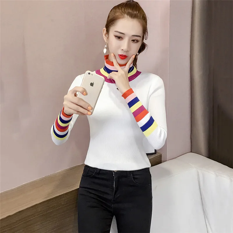 Women Pullover Sweater 2018 Autumn Winter New Half High Collar Rainbow Striped Sweater Female Korean Short Slim Sweaters XY708 Women Pullover Sweater 2018 Autumn Winter New Half High Collar Rainbow Striped Sweater Female Korean Short Slim Sweaters XY708