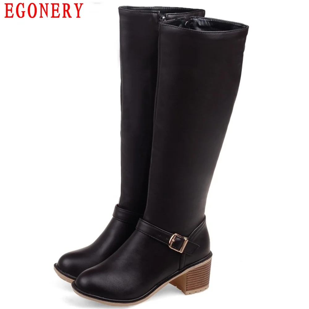 

EGONERY Square Heels Belt Zipper PU Faux Leather Spring Autumn Women Knee High Boots Gladiator Roman Motorcycle Boot