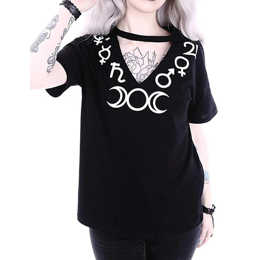 

2019 New Cotton Harajuku Tshirt Women Moon Print Gothic Punk Black Sexy V Neck Choker Top Short Sleeve T-Shirt Top Tee Plus Size