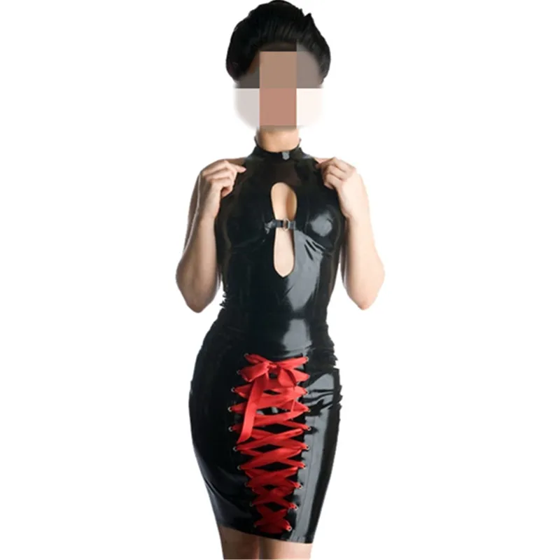 

Cheap Fine Women Black Faux Leather Mini Pencil Dress Red Ribbon Lace-Up Gothic Style Bandage Bodycon Exotic PVC Catsuit