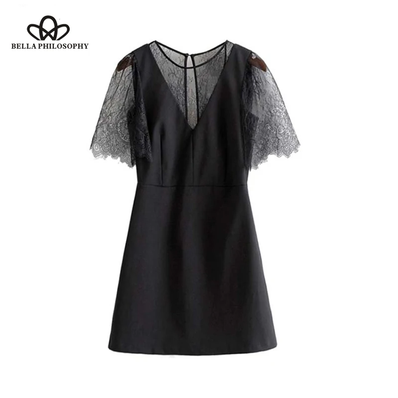 Wonder 2019 new Summer Lace Patchwork Mini Lady Dress See Through Backless Short Sleeve Solid Female Casual chic dresses