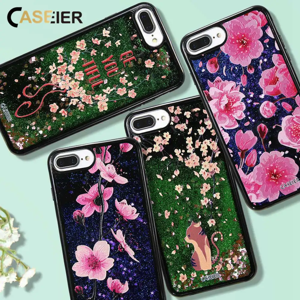 

CASEIER Phone Case For iPhone 7 7 Plus Liquid Quicksand Plastic + Soft Edge Cover Bling Heart Sequin For iPhone 7 7 Plus Cases