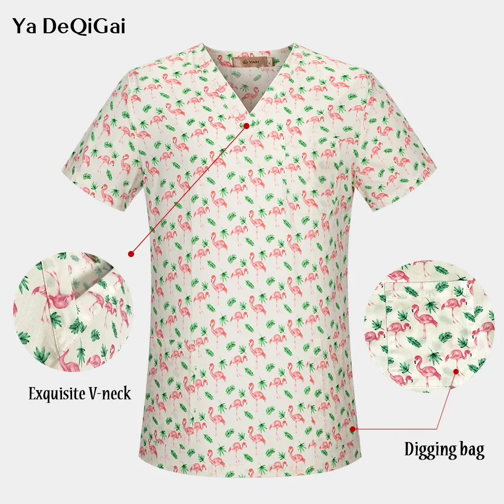 

V-neck flamingo print Scrubs medical uniforms women pet doctor work clothes surgical men pharmacy tops medical supplies clothing
