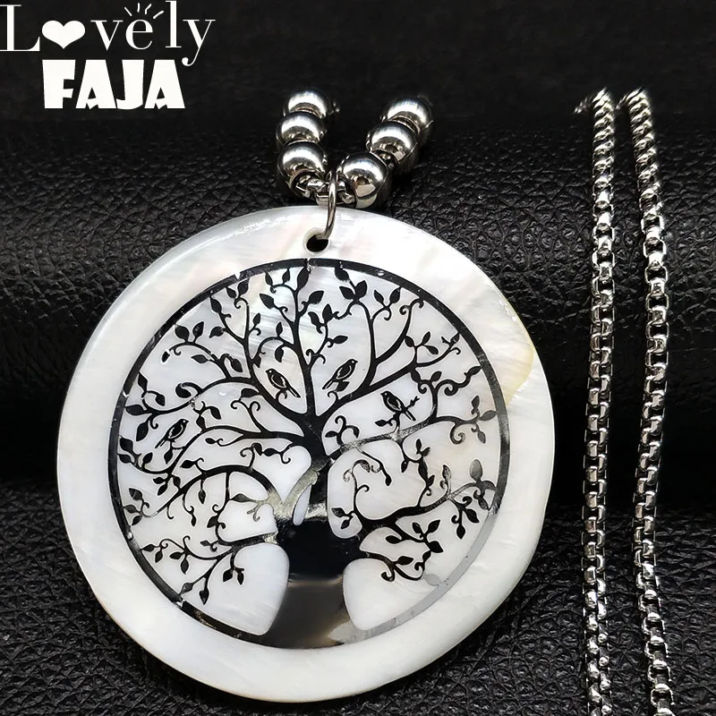 

2019 Tree of Life Shell Stainless Steel Statement Necklace for Women Silver Color Long Necklaces Jewelry bijoux femme N18419