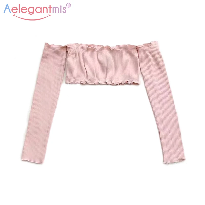 

Aelegantmis Sexy Ruffles Slash Neck Off Shoulder Knitted Crop Tops Women Autumn Long Sleeve T-Shirt Girl Stretch Slim Tee Shirt