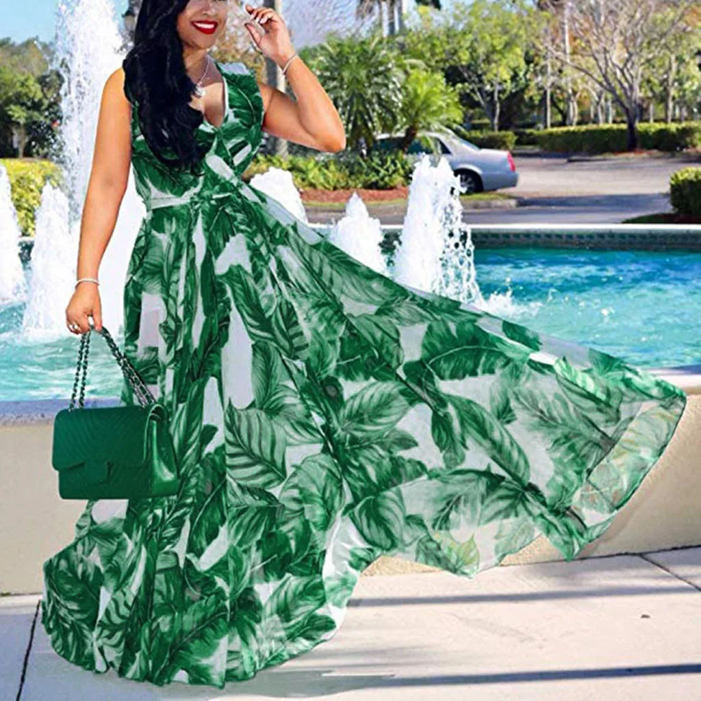 

Sleeveless Dress Green Tropical Beach Vintage Maxi Dresses Boho Casual V Neck Plus Size Dress
