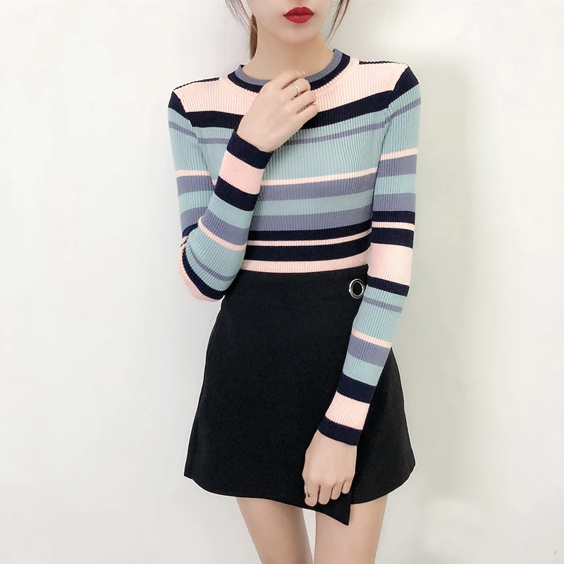 

Fashion O-neck Striped Knitted Sweater Autumn Women Long Sleeve Top Stretch Pullovers Female Casual Jumper invierno mujer 2018