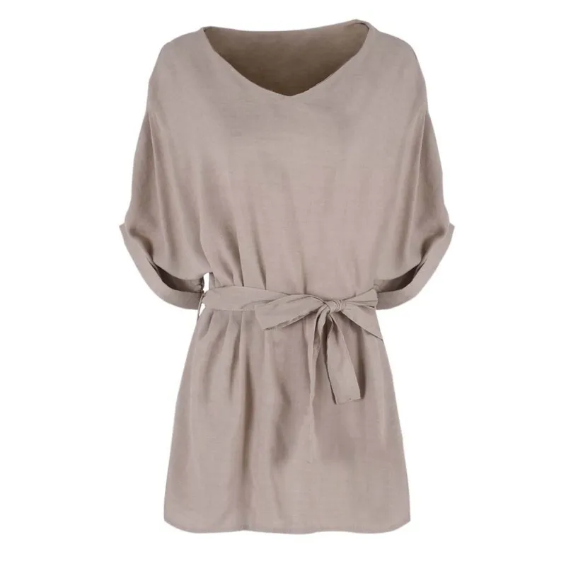 cotton linen v neck belt plain short sleeve blouse