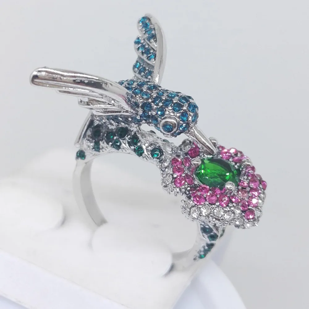 Fashion Women's Silver Plated Crystal Rhinestones Bird Flower Ring Wedding Engagement Jewelry Gift #267974