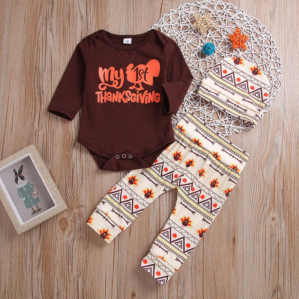 

Newborn Infant Baby Boy Girl Letter O-neck Long Sleeve Romper Jumpsuit+Turkey Pants+Hat Clothes 3PCS Thankgiving Outfits Set
