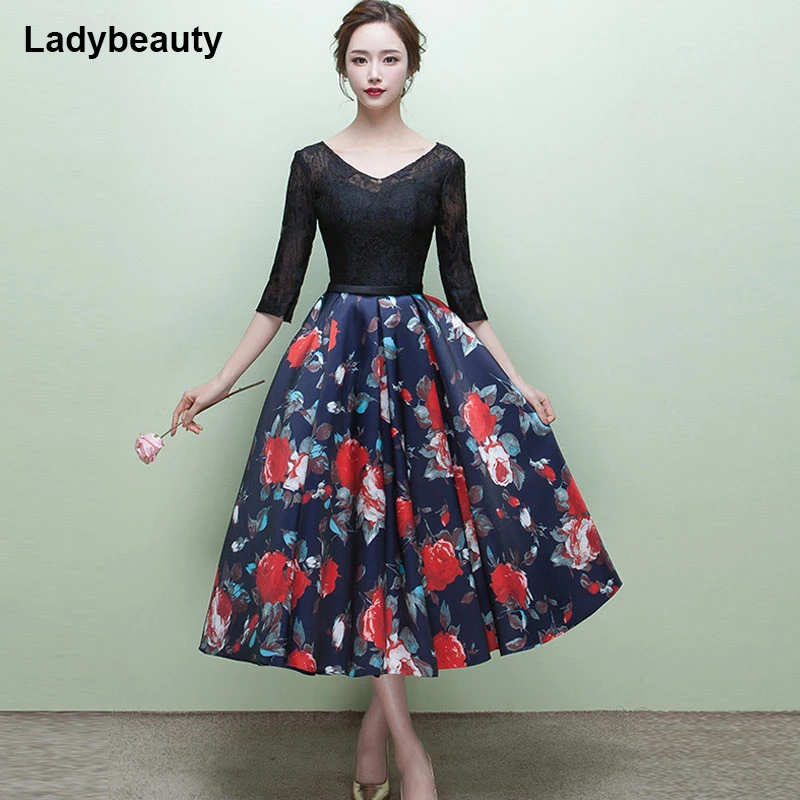 

Ladybeaut 2018 New Elegant V-neck Evening dresses Vestido de Festa half sleeves lace Short style Prom Party dress