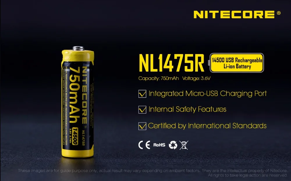 2 шт. NITECORE NL1475R Встроенный Micro-USB порт зарядки перезаряжаемые батареи 750 мАч 14500 батарея 3,6 В выход 2A Обновлено NL147