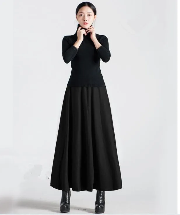 Женская длинная юбка из смесовой шерсти с высокой талией, модная Повседневная Длинная А-образная Толстая Теплая Зимняя юбка - Цвет: black