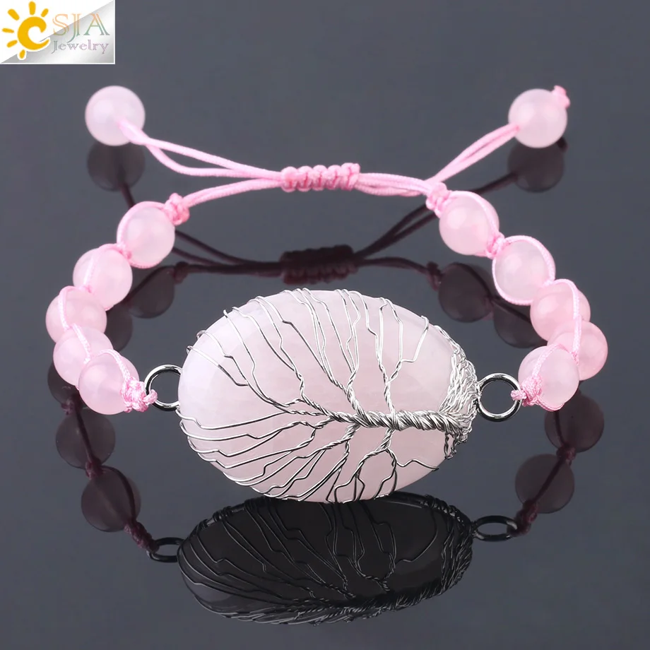 

CSJA Natural Stones Wire Wrap Bracelets Tiger Eye Pink Quartz Big Bead Tree of Life Weave Rope Reiki Bracelet for Women Men F751