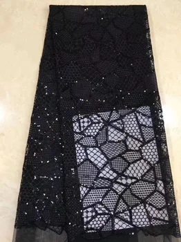

(5yards/pc) plain black tulle lace fabric embroidered African French net lace fabric with sequins for party dress FZZ140