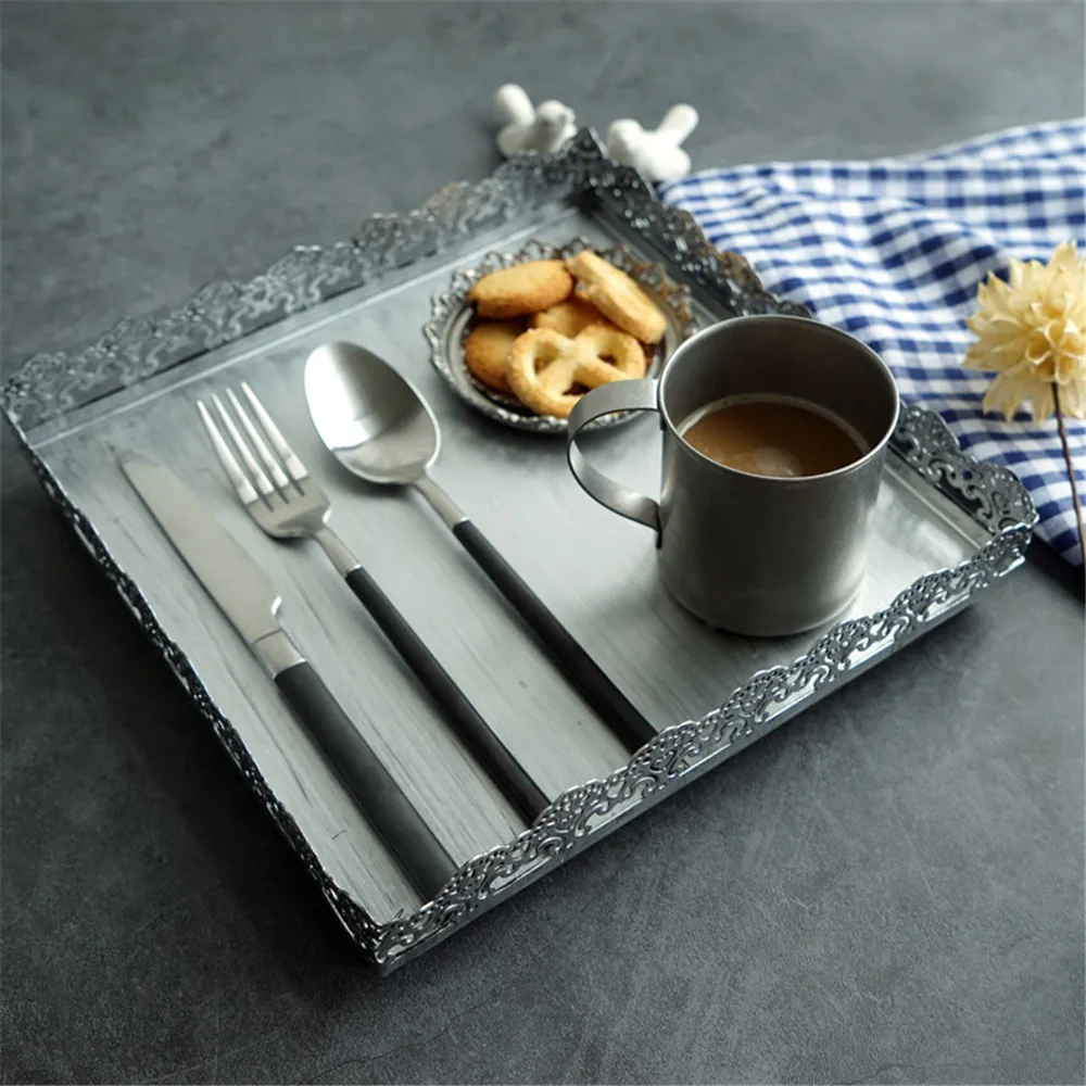 

Nordic Metal Lace Hollow Storage Tray Chic Ins Fruit Cake Dessert Plate Retro Silver Square Jewelry Display Tray Home Desk Decor