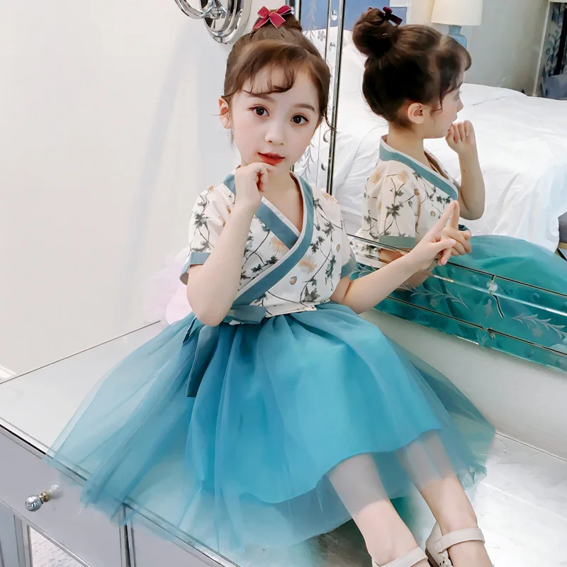 

2pcs/Set Tulle Tutu Dress for 3-10Y Girls Children Summer Blue Crossover Fluffy Princess Dress Baby Girl Improved Chinese Cloth