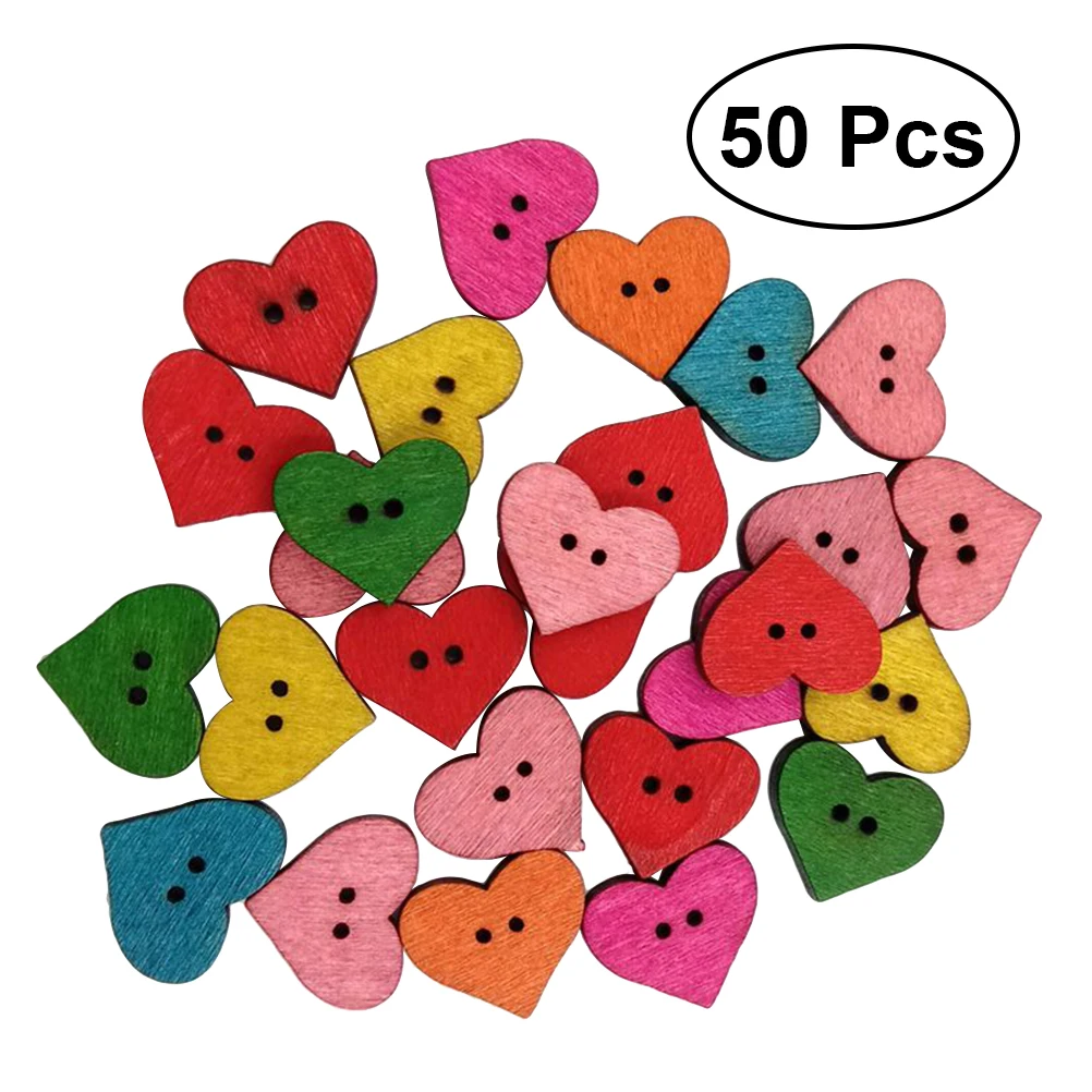 

50pcs Wood Buttons 2 Holes Lovely DIY Cartoon Environmental Protection Heart Pattern Wooden Snaps Buttons Press Studs