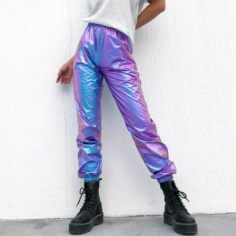 

2019 Women Spring High Waist Harajuku Trousers Casual Streetwear Blue Gliter Long Pants Female Shinny Reflective Joggers