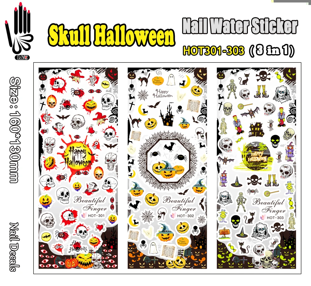 

3 Sheets/Lot Nail Wraps HOT301-303 Skull Halloween Design Nail Art Water Sticker for Nail Art Decoration (3 DESIGNS IN 1)