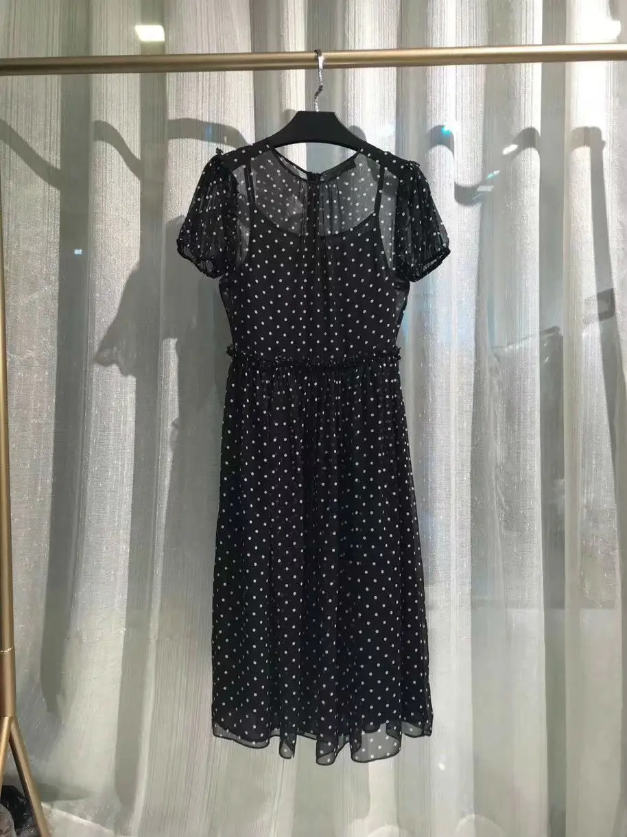 

2019 New 100% Silk Dot Short O-Neck Luxury Dresses For Women Free Shipping