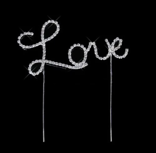 Love Wedding Cake Topper Alloy With Crystal Imitation Gold Silver Cake Flags For Wedding Birthday Party Cake Baking Decoration