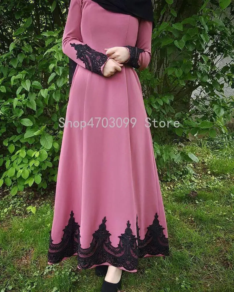 

Women Lace Cuff Patchwork Dress Kaftan Abaya Muslim Elegant Robe Islamic Long Sleeve Maxi Dress Arab Party Cocktail Gown Clothes
